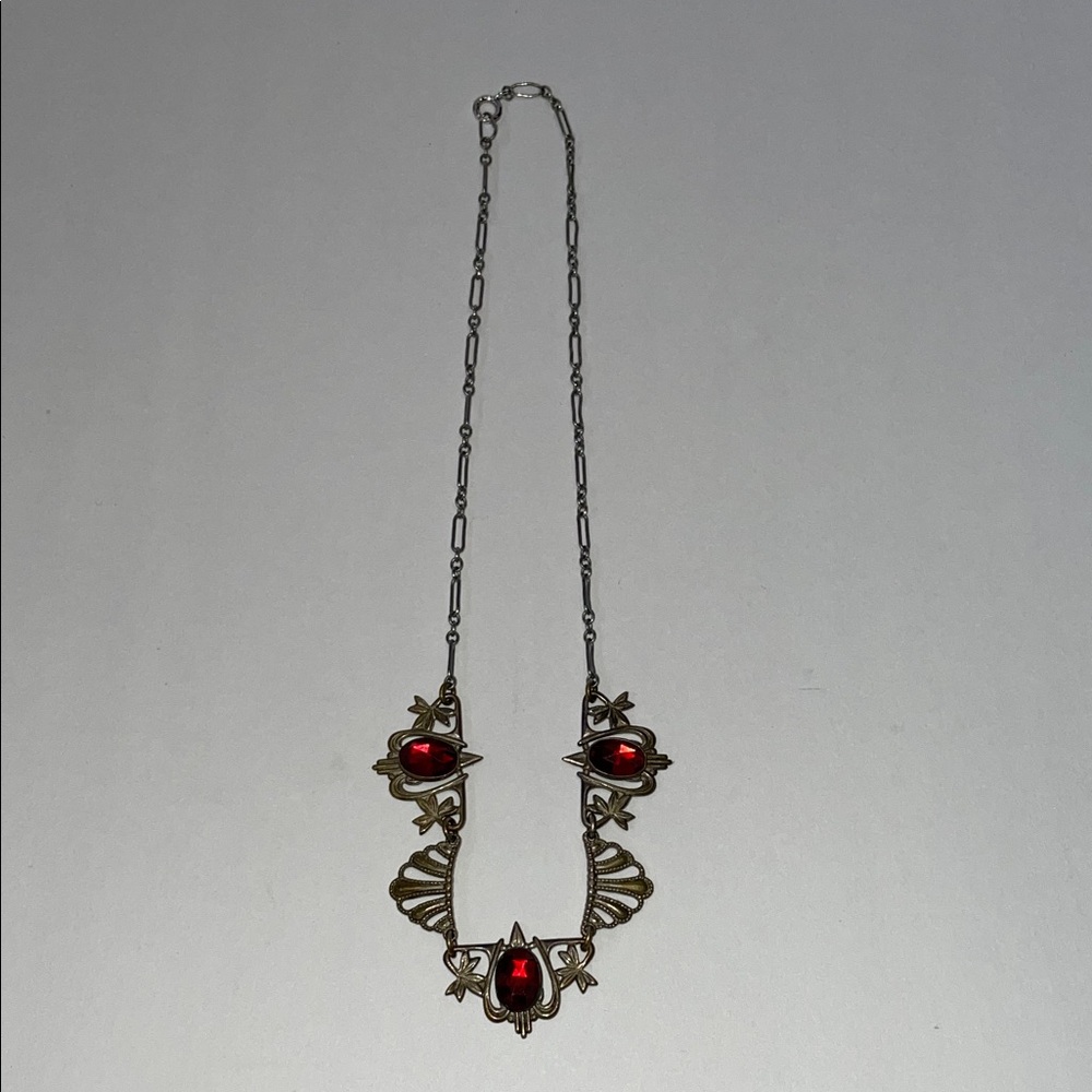 Vintage-Inspired Red Gemdrop Necklace.  14” - Picture 2 of 5